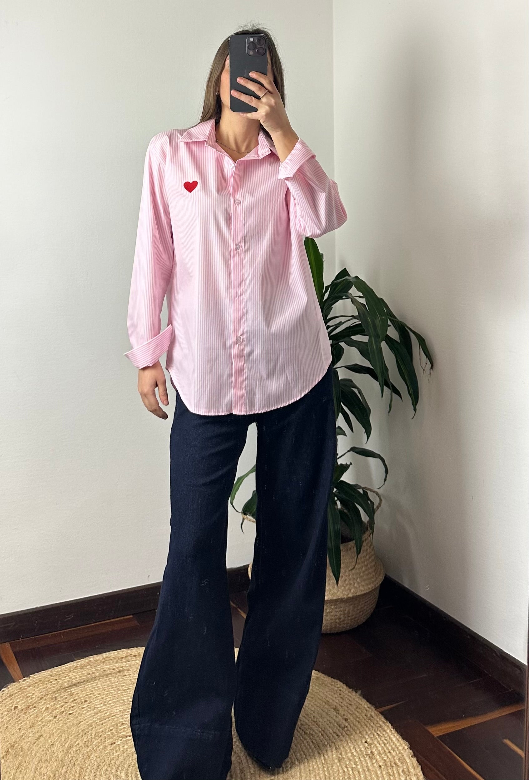 CAMICIA LOVE in COTONE a RIGHE ROSA