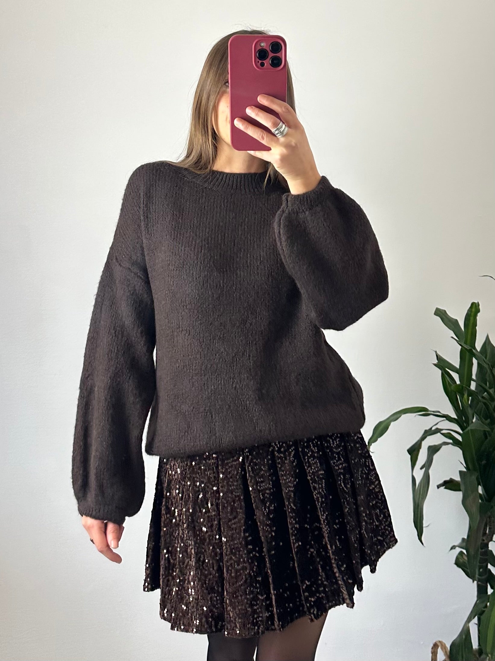 MINIGONNA VELLUTO A PIEGHE PAILLETTES MARRONE