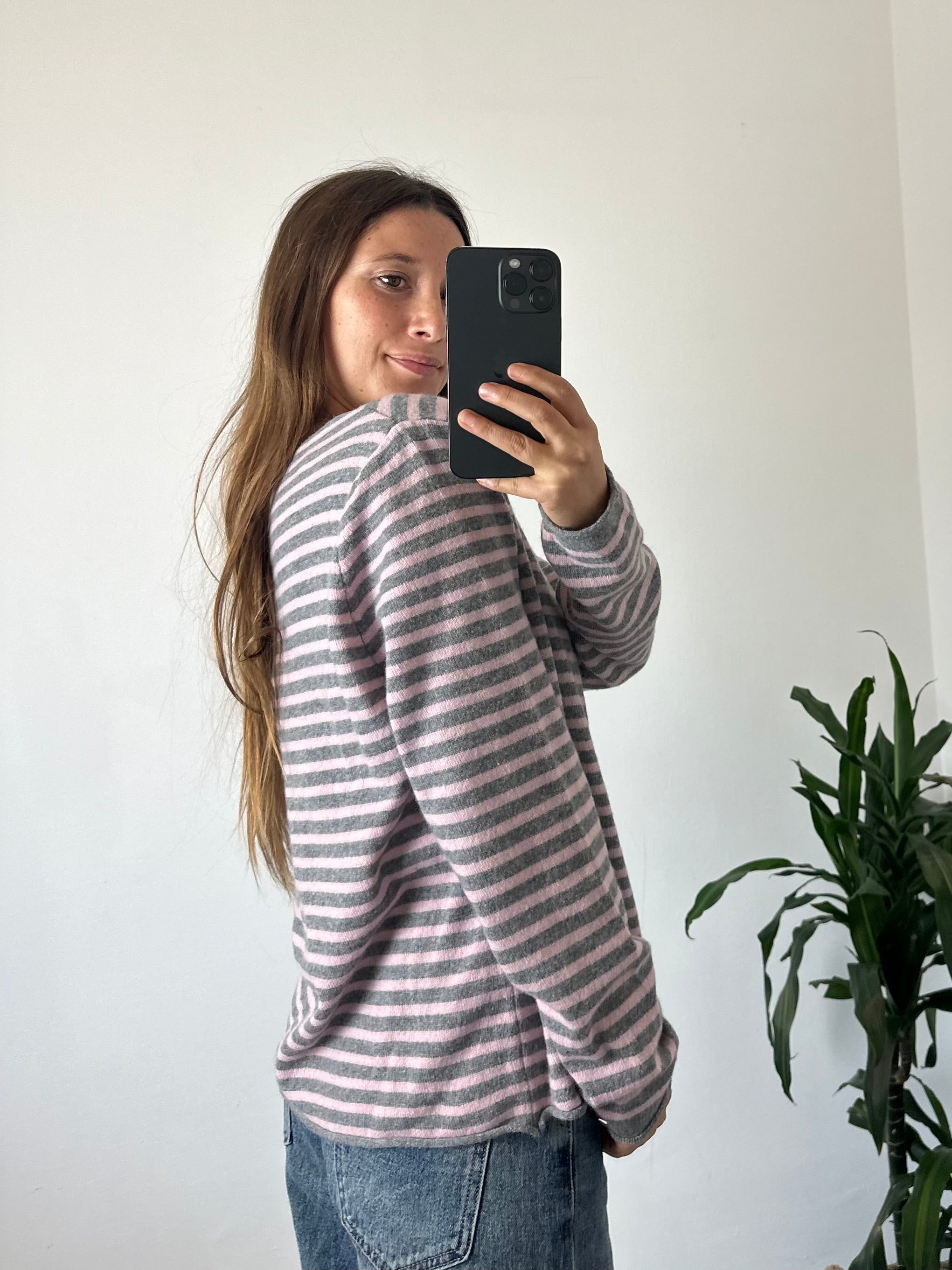 MAGLIONCINO RIGHE misto CASHMERE rosa-grigio