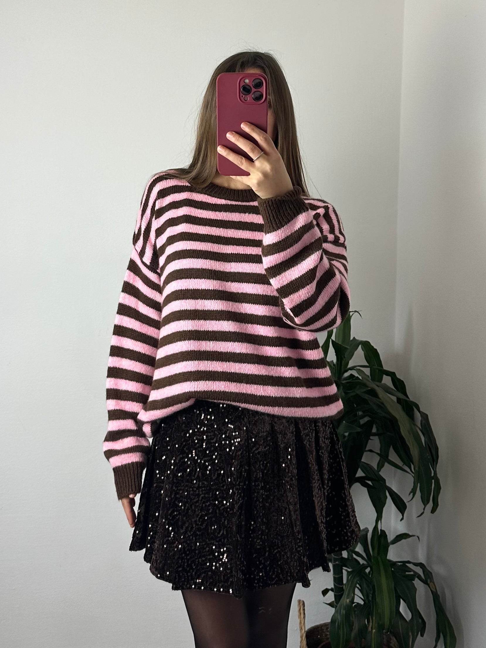 PULLOVER RIGHE MARRONE-ROSA