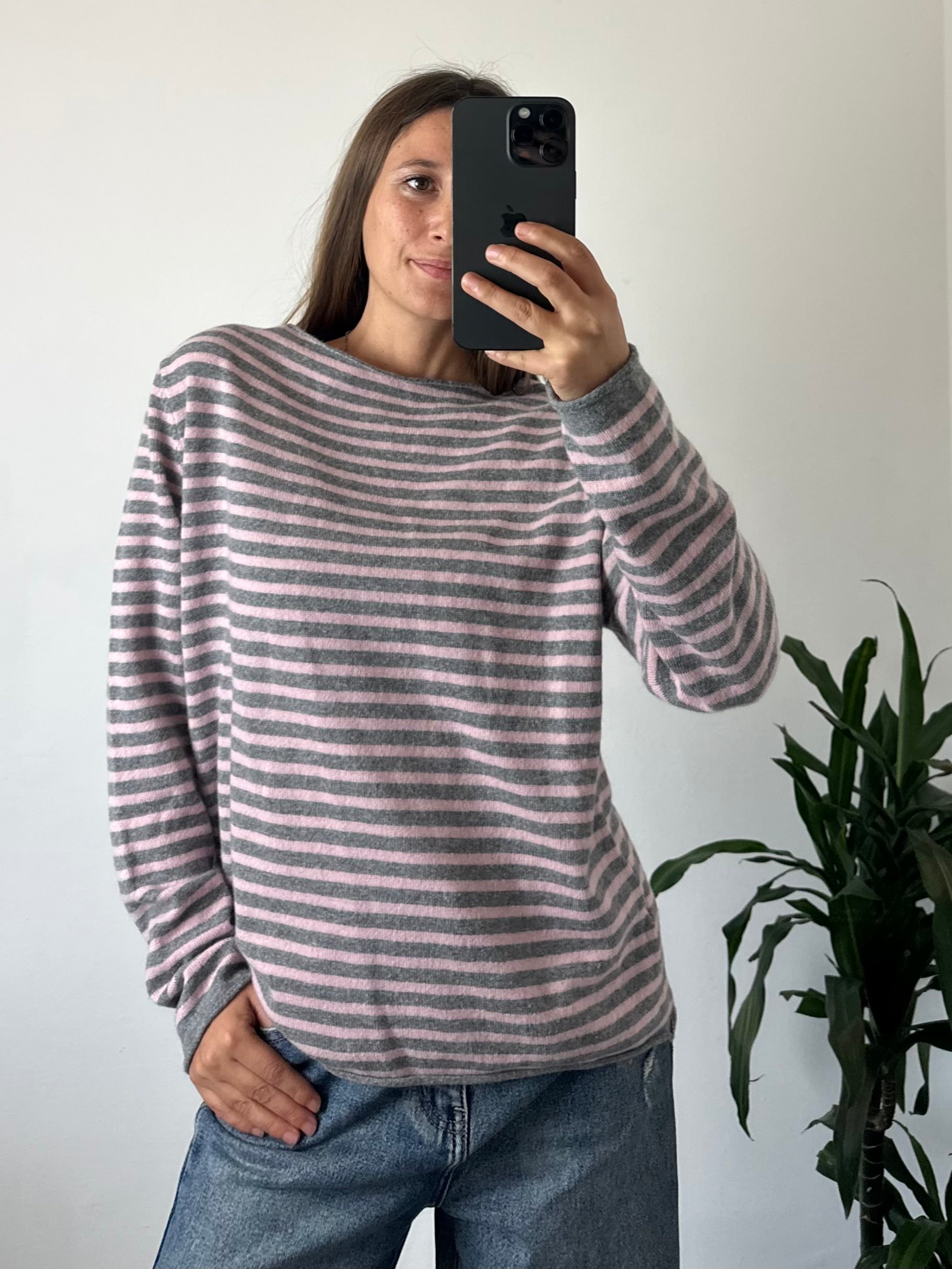 MAGLIONCINO RIGHE misto CASHMERE rosa-grigio
