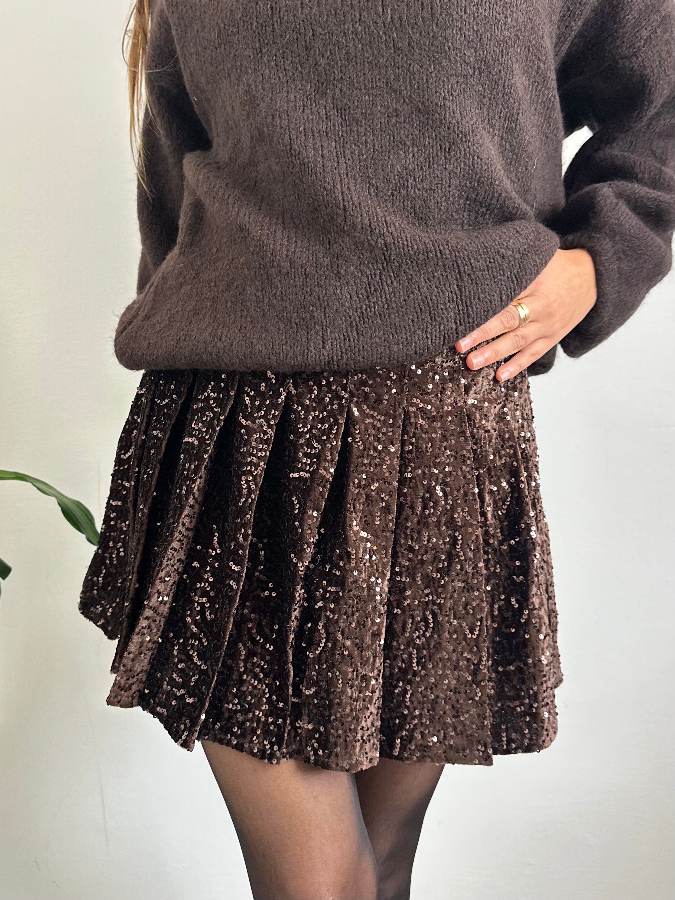 MINIGONNA VELLUTO A PIEGHE PAILLETTES MARRONE