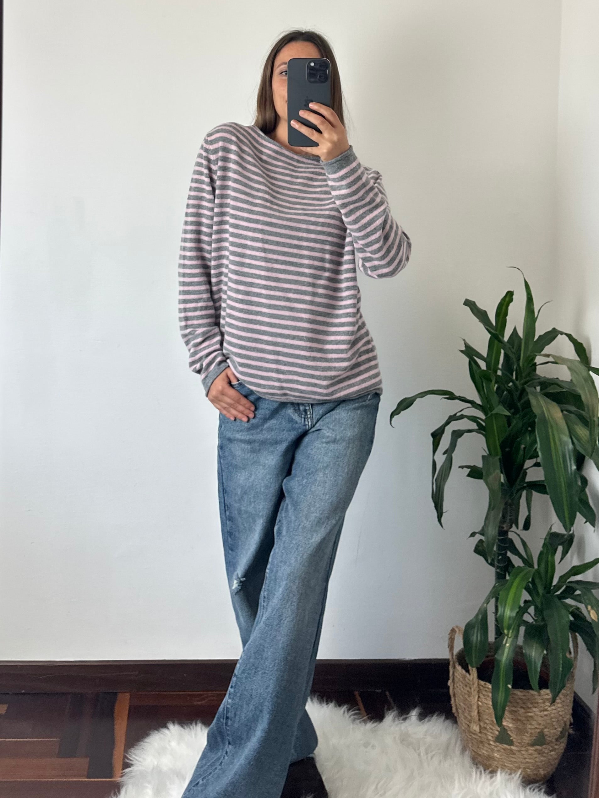 MAGLIONCINO RIGHE misto CASHMERE rosa-grigio