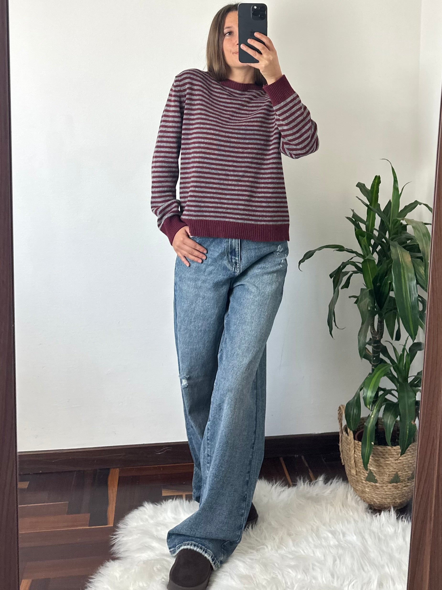 MAGLIONCINO RIGHE misto CASHMERE bordeaux-grigio