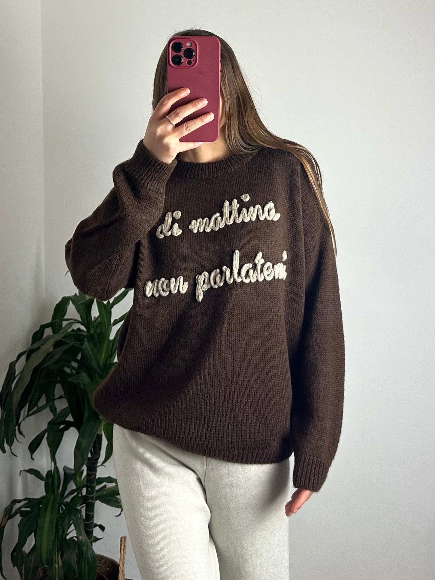 MAGLIONE “di mattina non parlatemi“ misto LANA MARRONE