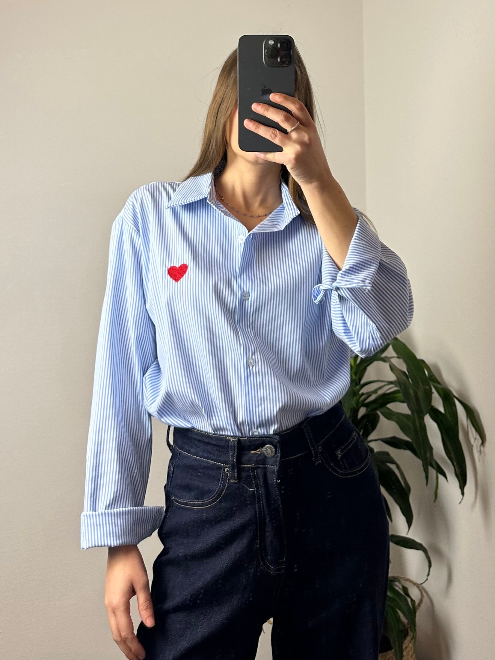 CAMICIA CUORE in COTONE a RIGHE AZZURRA