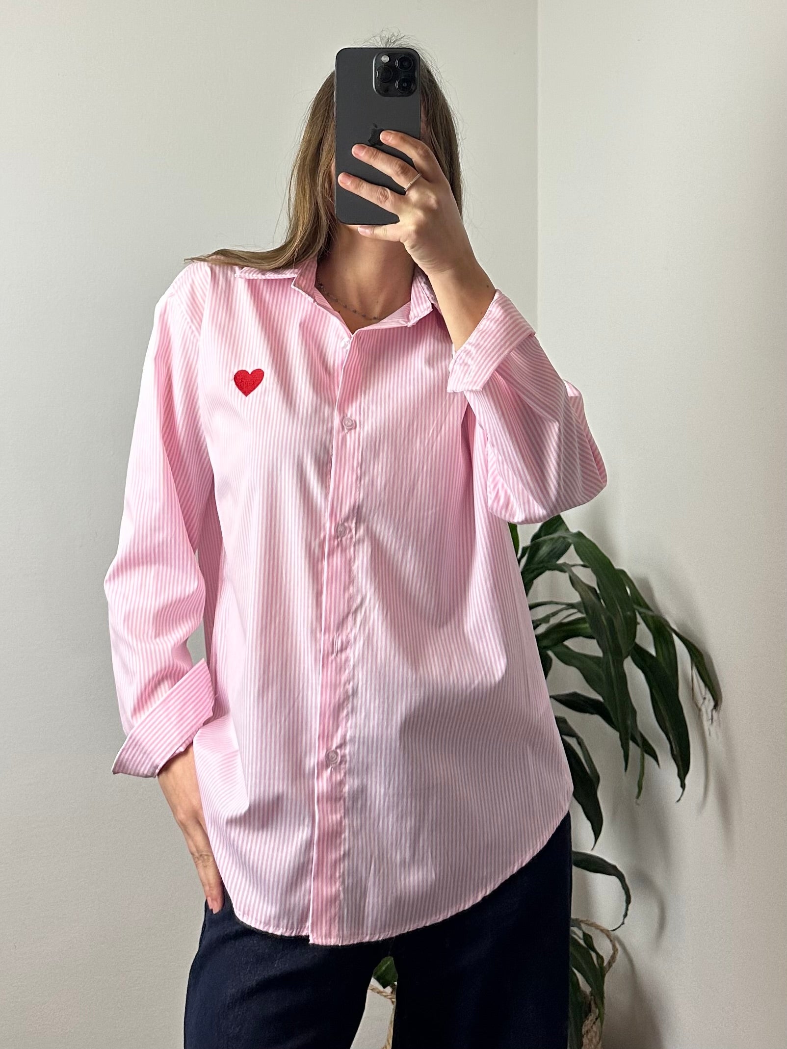CAMICIA LOVE in COTONE a RIGHE ROSA