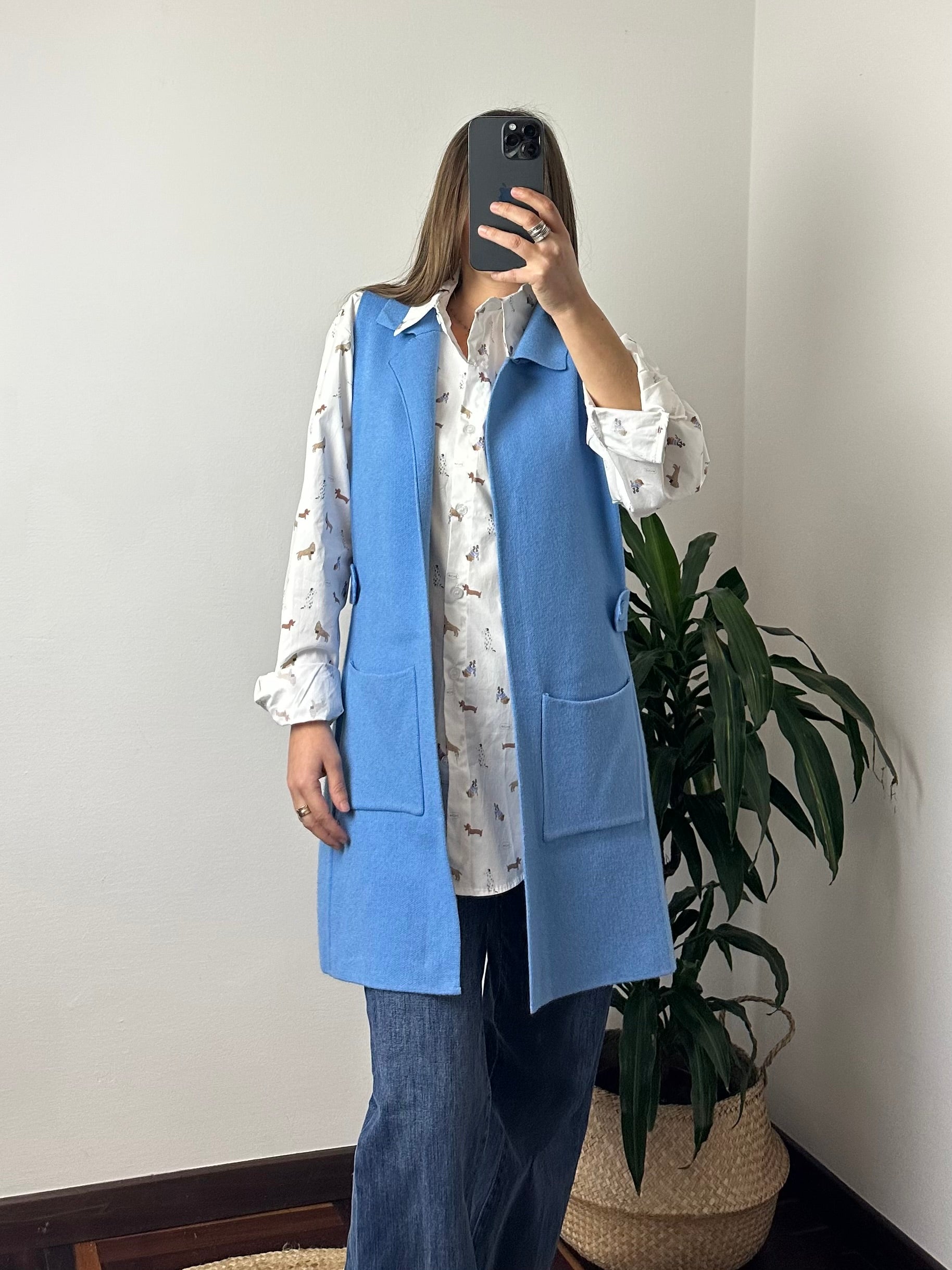 GILET in MAGLIA CON TASCHE AZZURRO