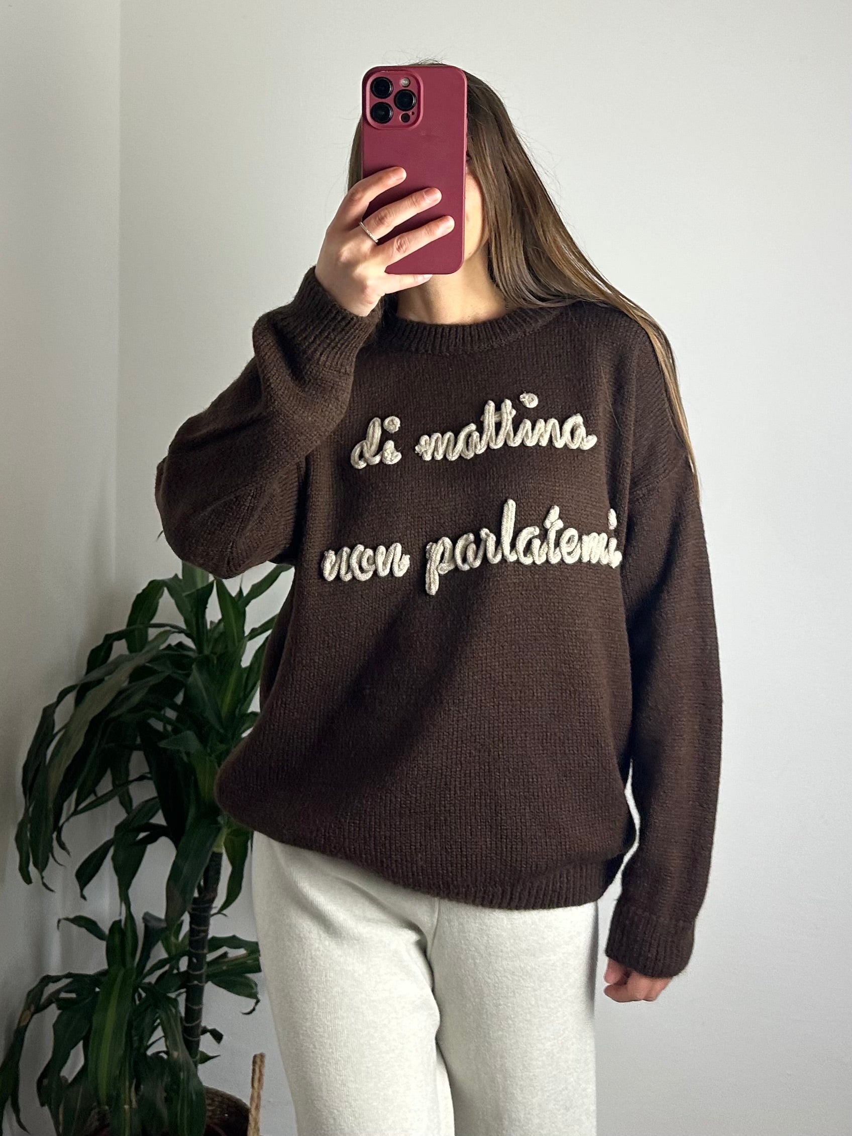 MAGLIONE “di mattina non parlatemi“ misto LANA MARRONE