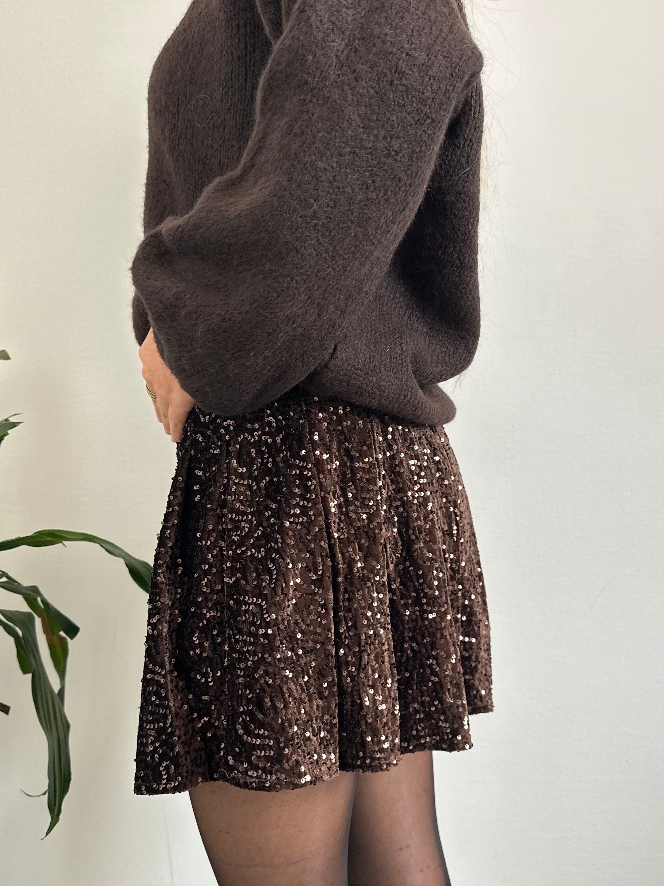 MINIGONNA VELLUTO A PIEGHE PAILLETTES MARRONE