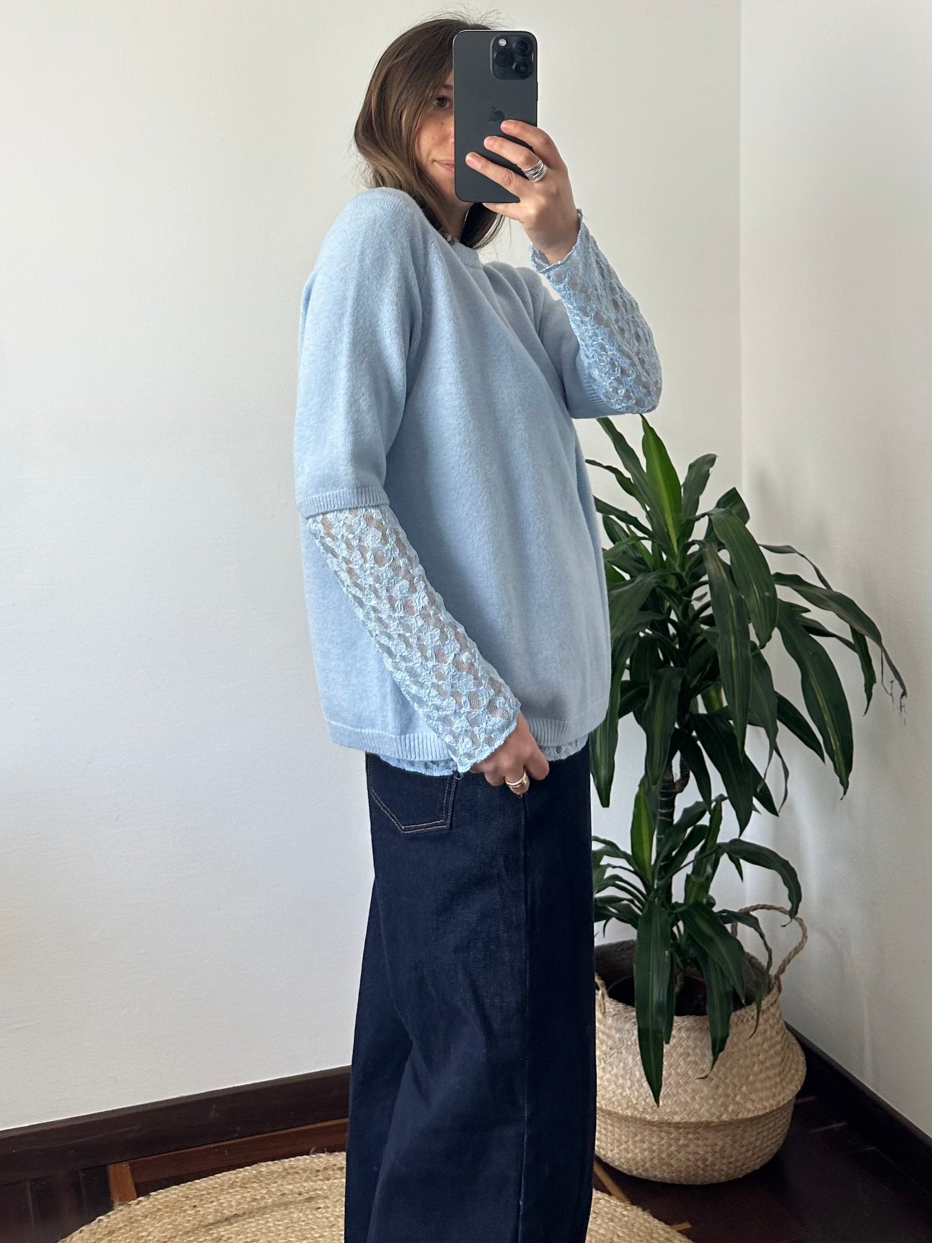 PULLOVER MANICA 3/4 in MORBIDA VISCOSA AZZURRO