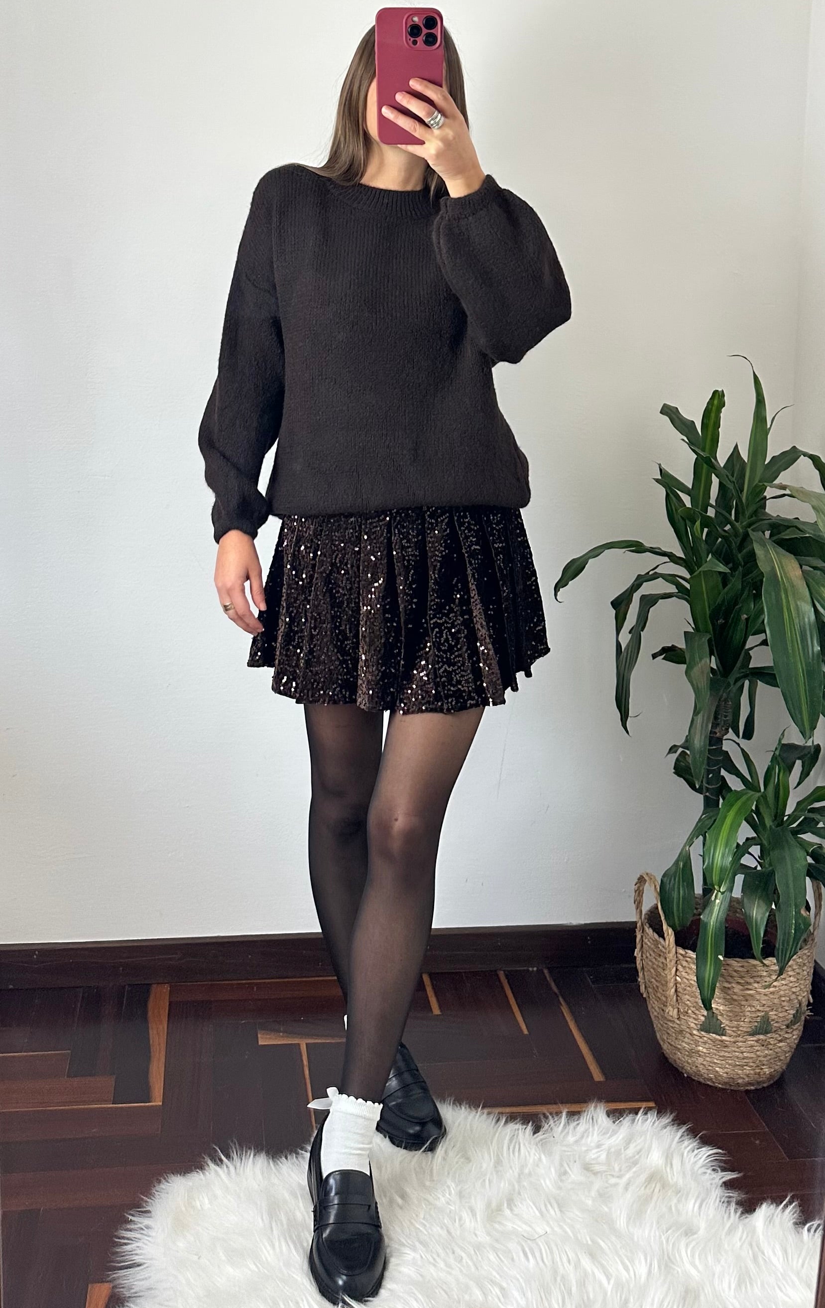 MINIGONNA VELLUTO A PIEGHE PAILLETTES MARRONE