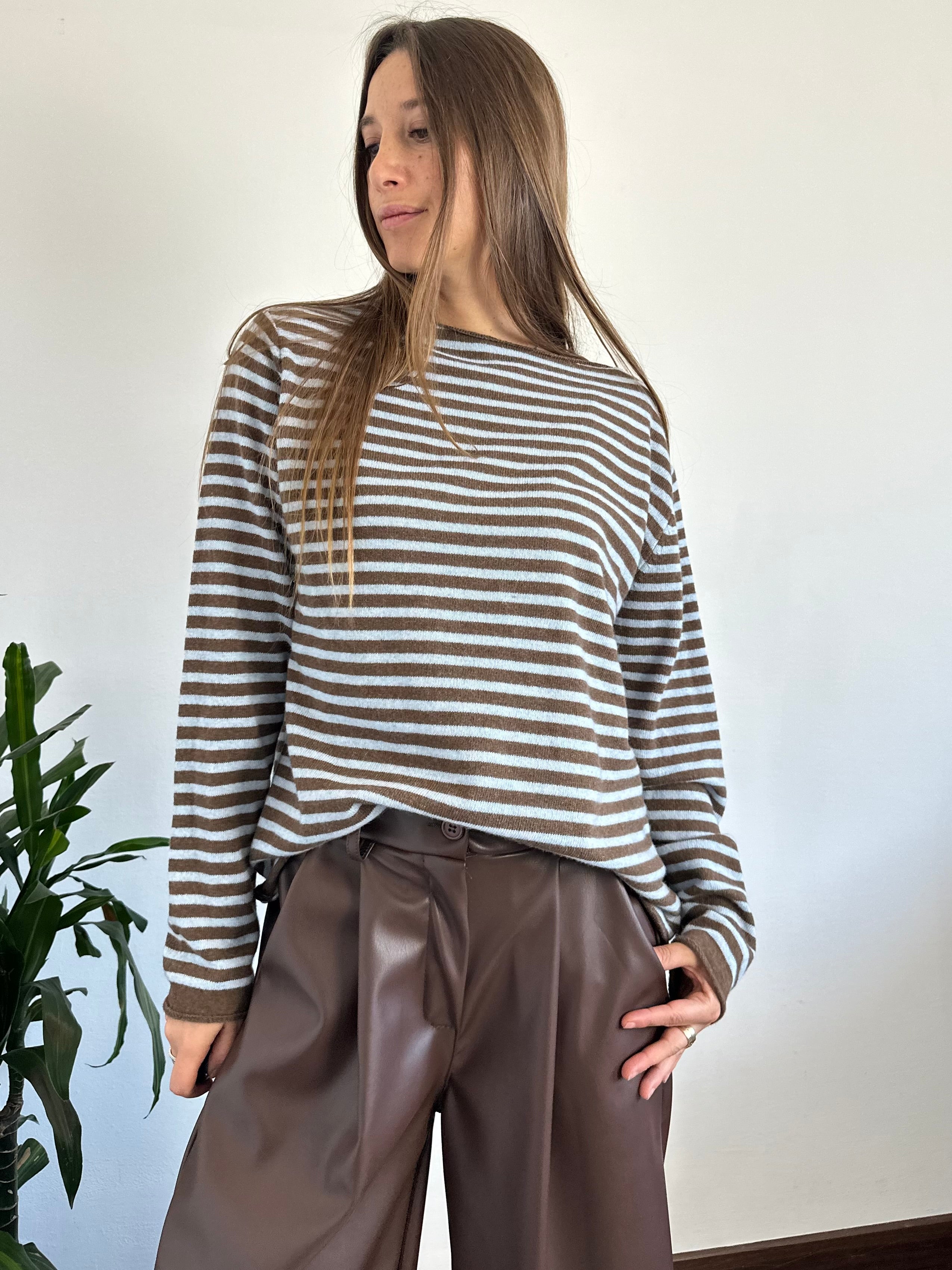 MAGLIONCINO RIGHE misto CASHMERE AZZURRO-MARRONE