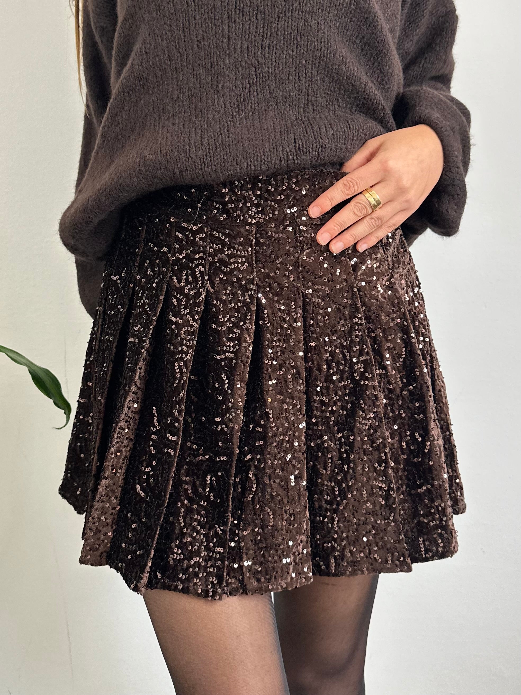 MINIGONNA VELLUTO A PIEGHE PAILLETTES MARRONE