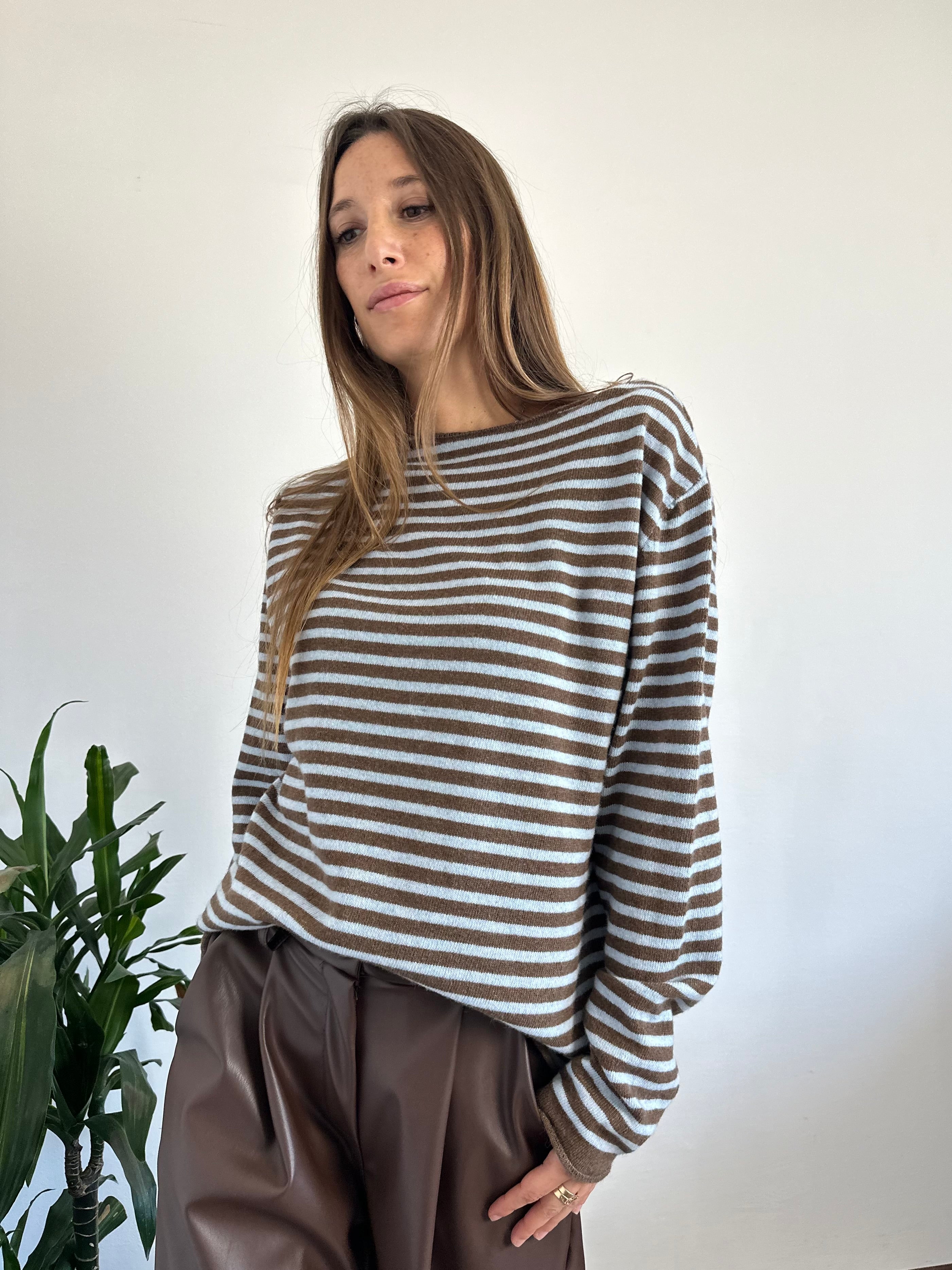 MAGLIONCINO RIGHE misto CASHMERE AZZURRO-MARRONE