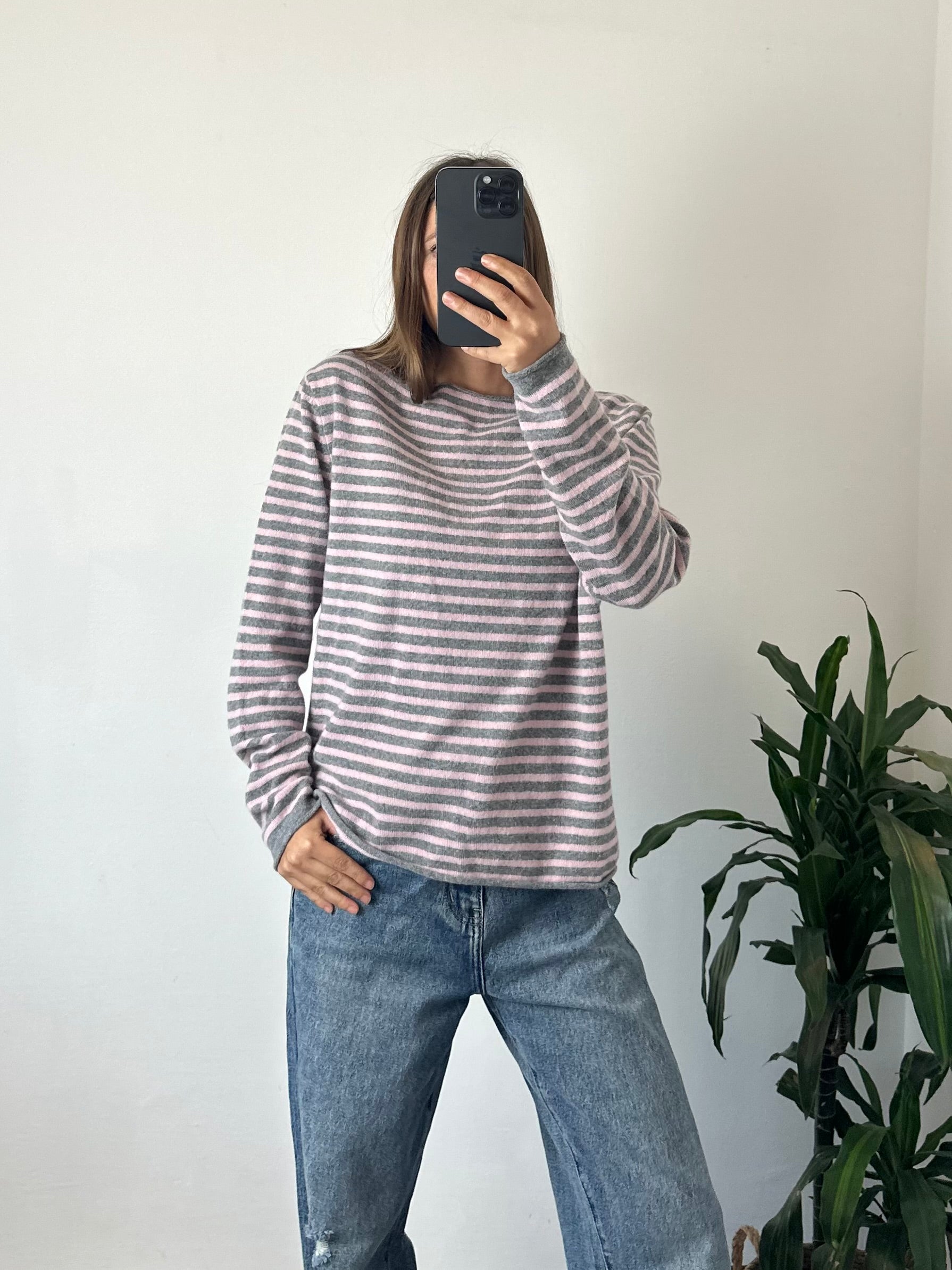 MAGLIONCINO RIGHE misto CASHMERE rosa-grigio