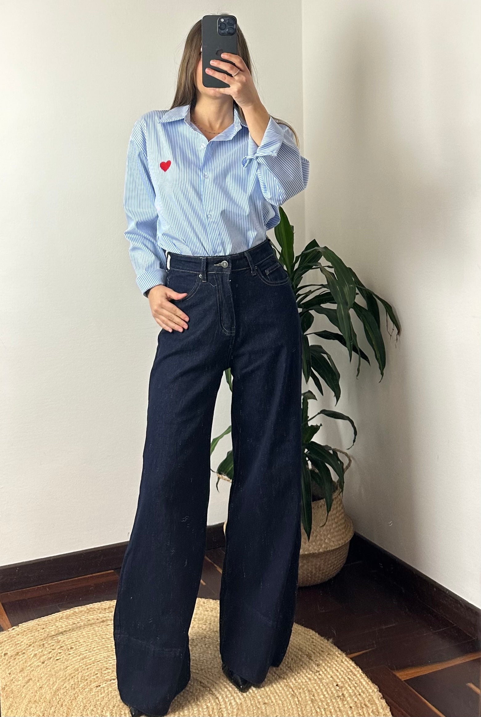 CAMICIA CUORE in COTONE a RIGHE AZZURRA