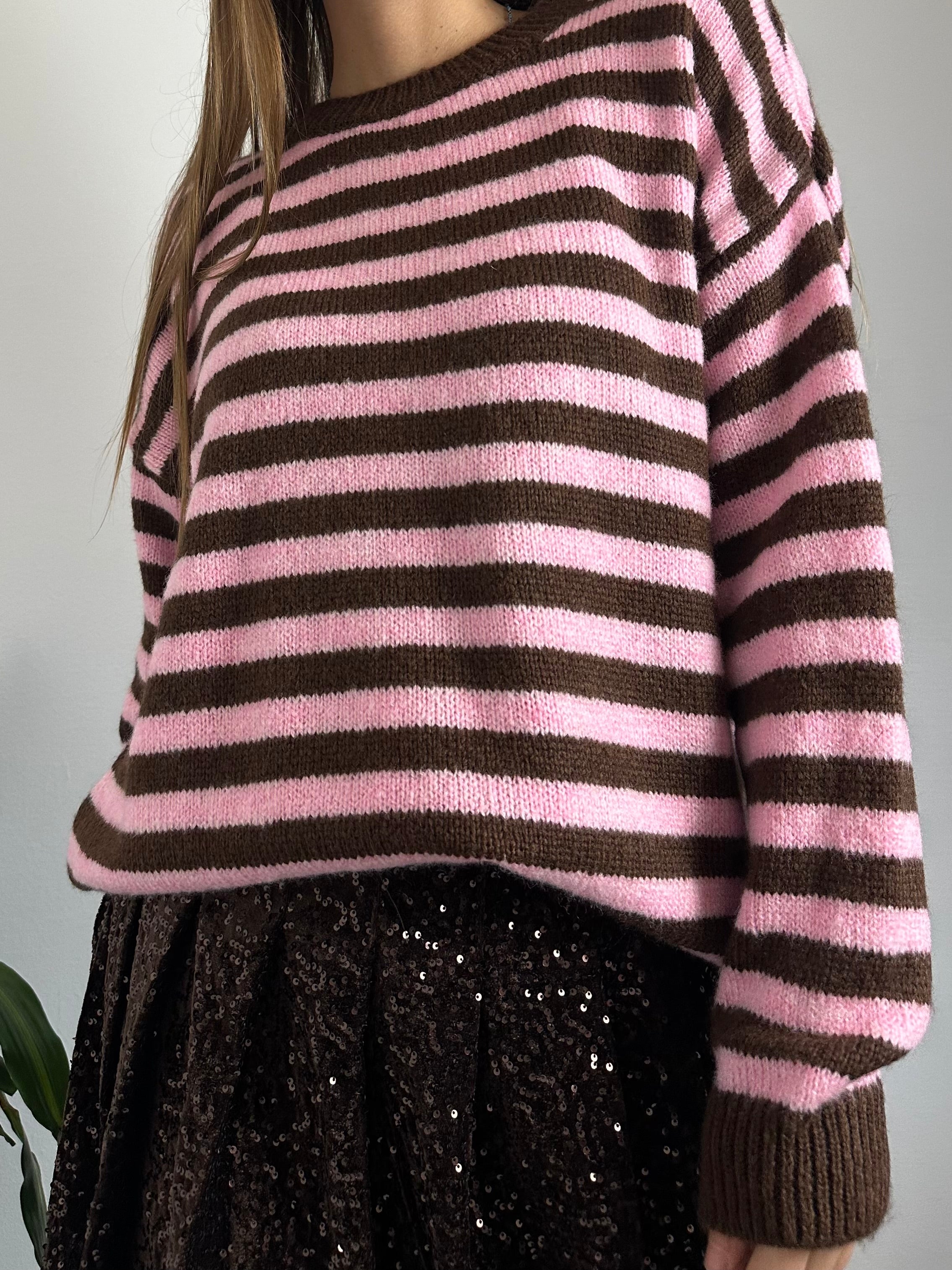 PULLOVER RIGHE MARRONE-ROSA