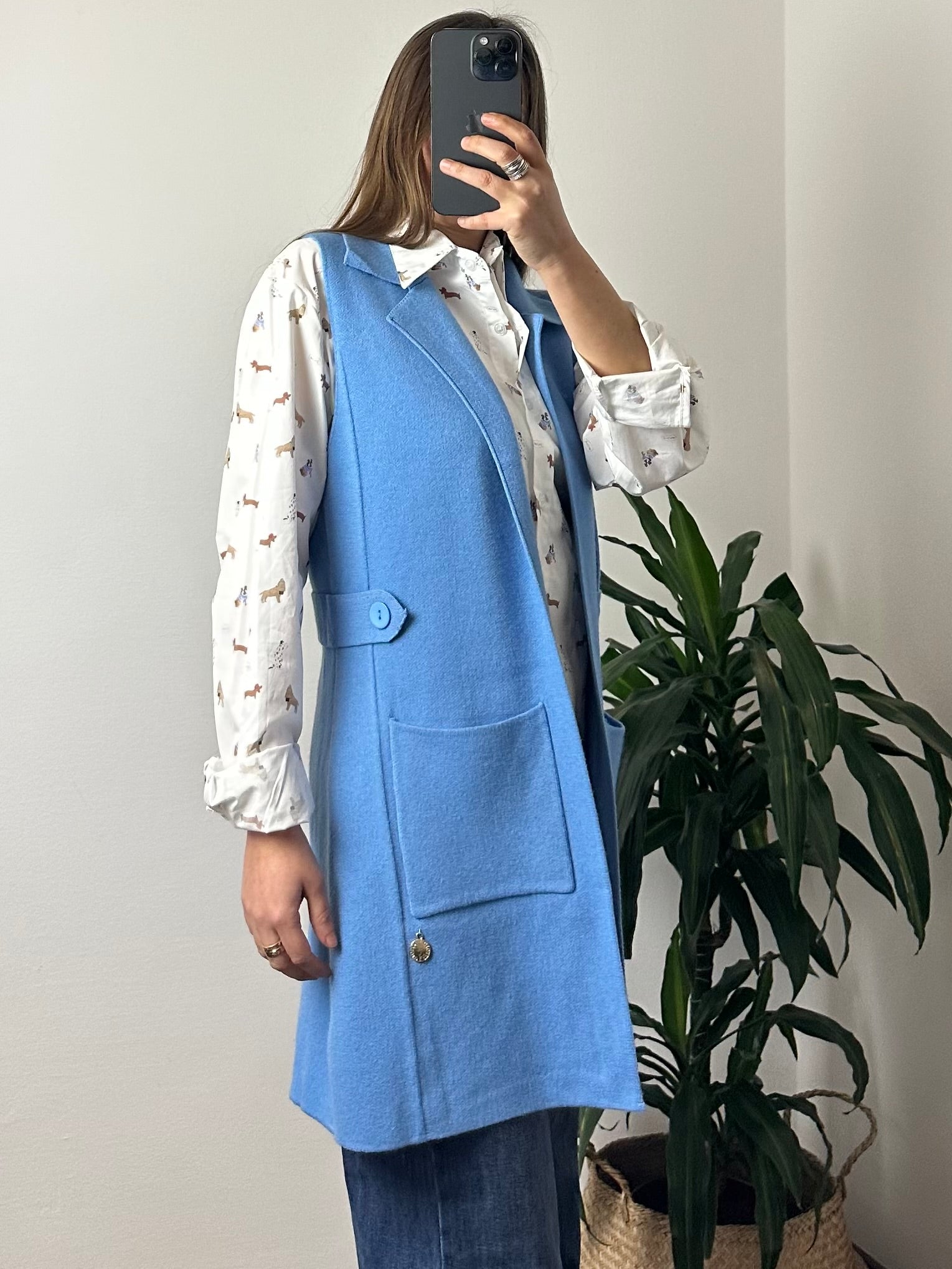 GILET in MAGLIA CON TASCHE AZZURRO