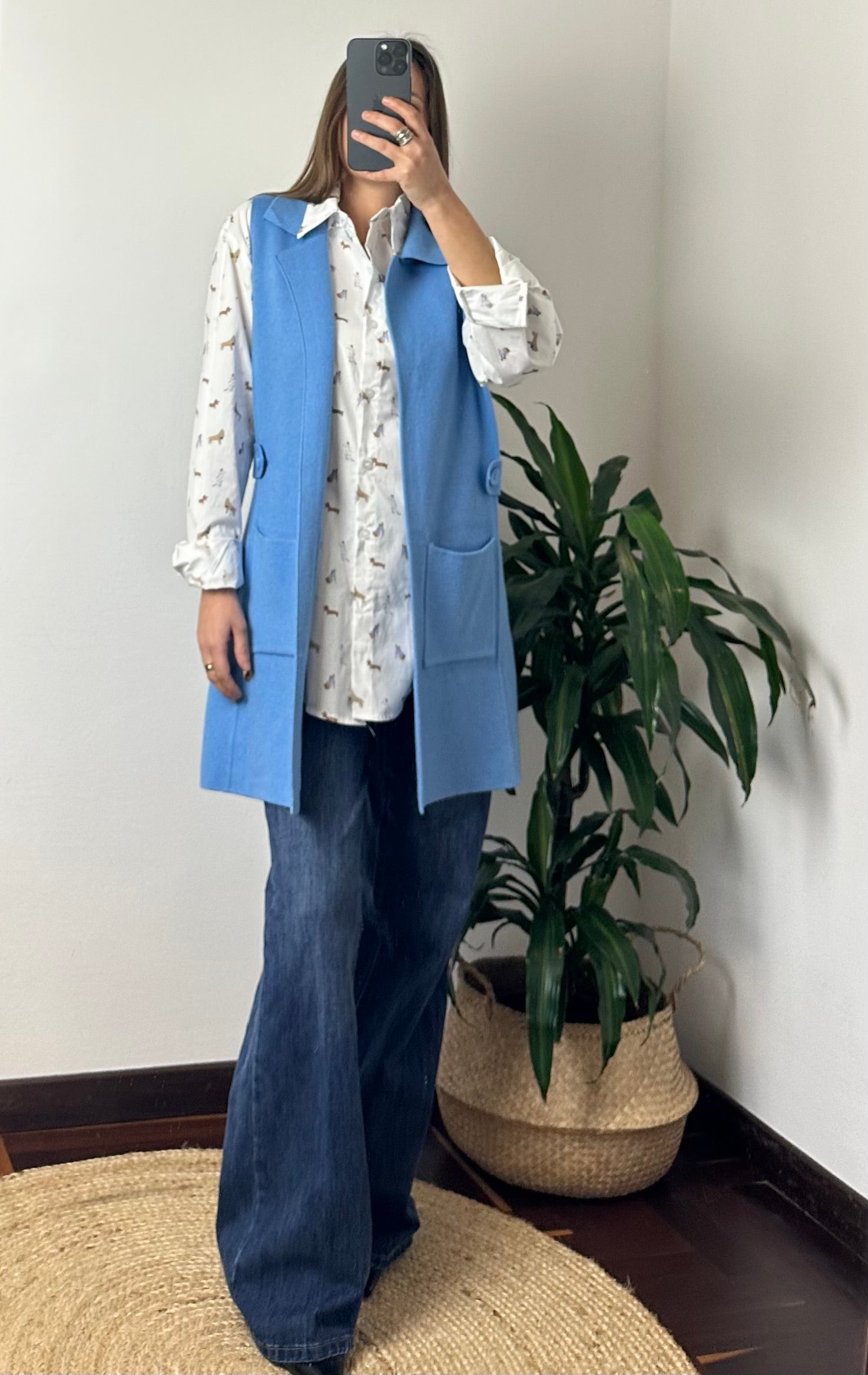 GILET in MAGLIA CON TASCHE AZZURRO