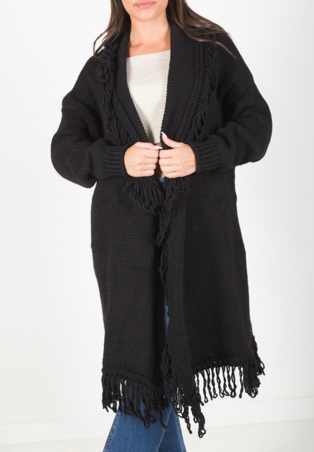 CARDIGAN CON COLLO FRANGE NERO