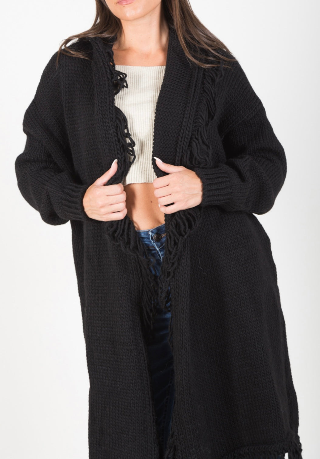 CARDIGAN CON COLLO FRANGE NERO