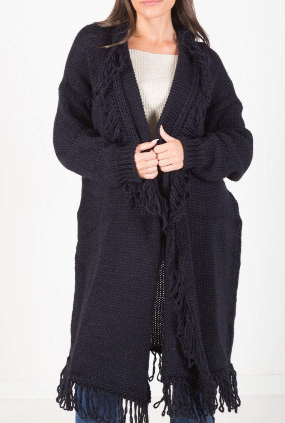 CARDIGAN CON COLLO FRANGE NERO