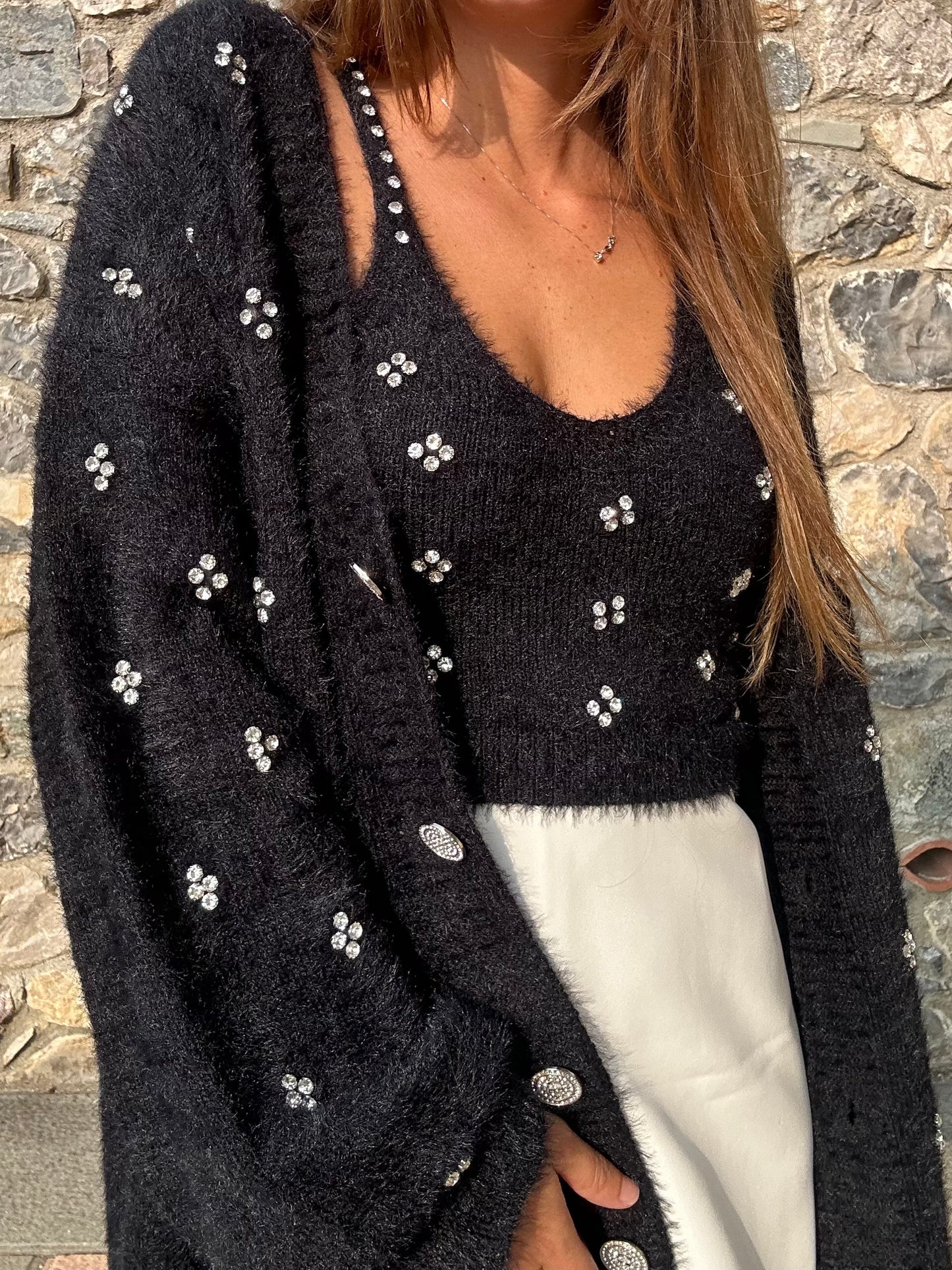 CARDIGAN E CANOTTA IN MAGLIA CON STRASS