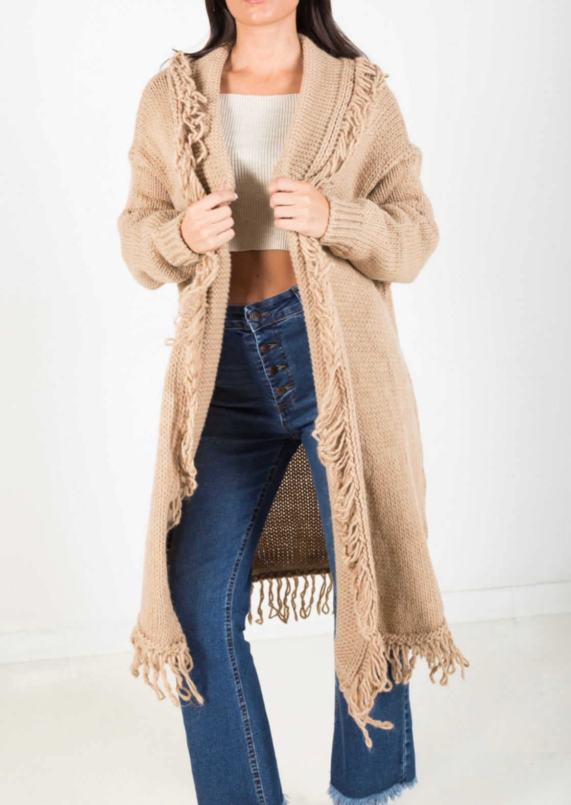 CARDIGAN CON COLLO FRANGE CAMMELLO