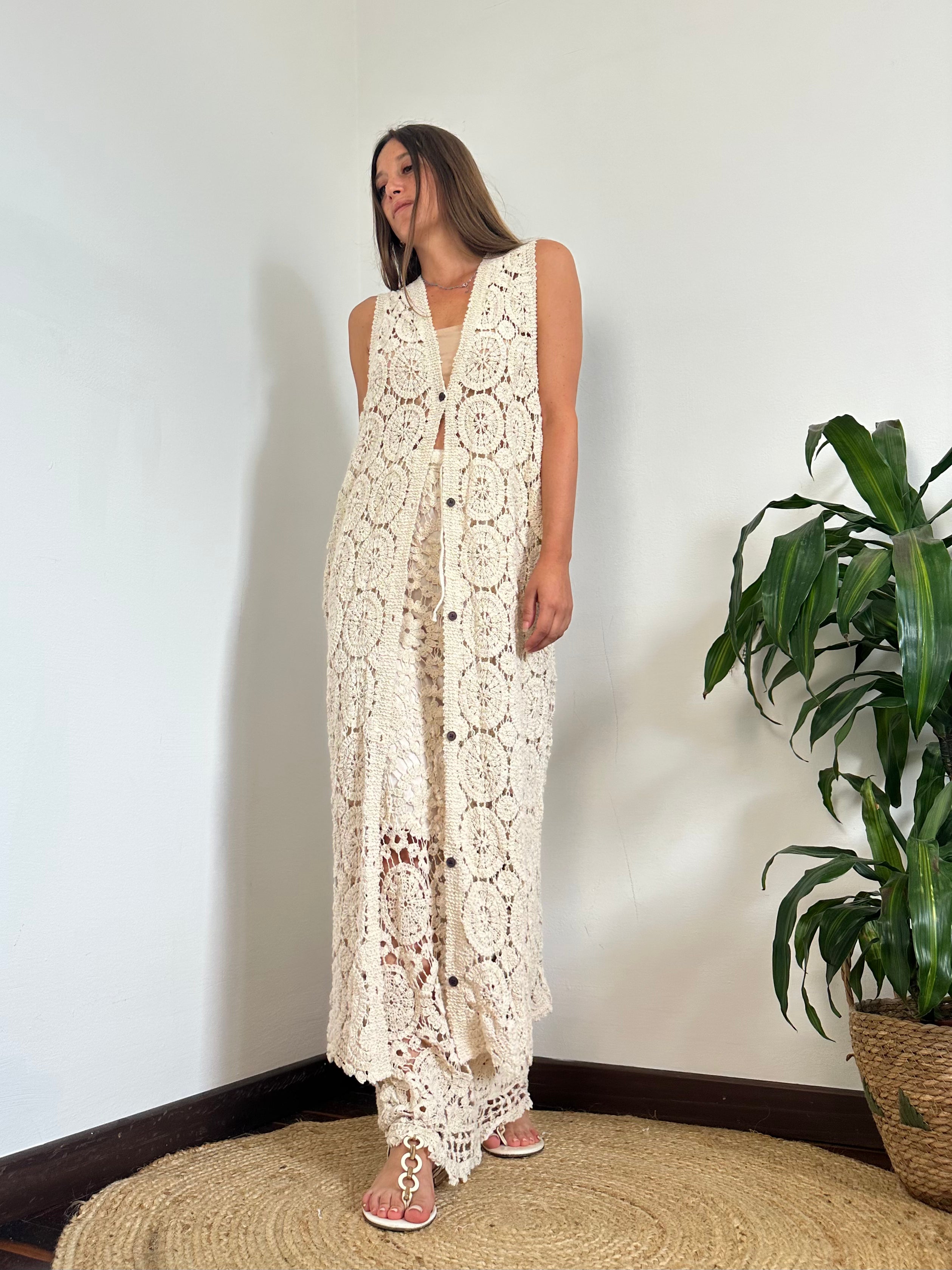 GILET CROCHET 100% COTONE BEIGE