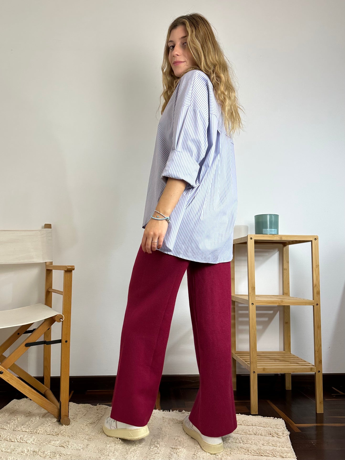 CAMICIA COTONE AZZURRA CON RIGHE BORDEAUX