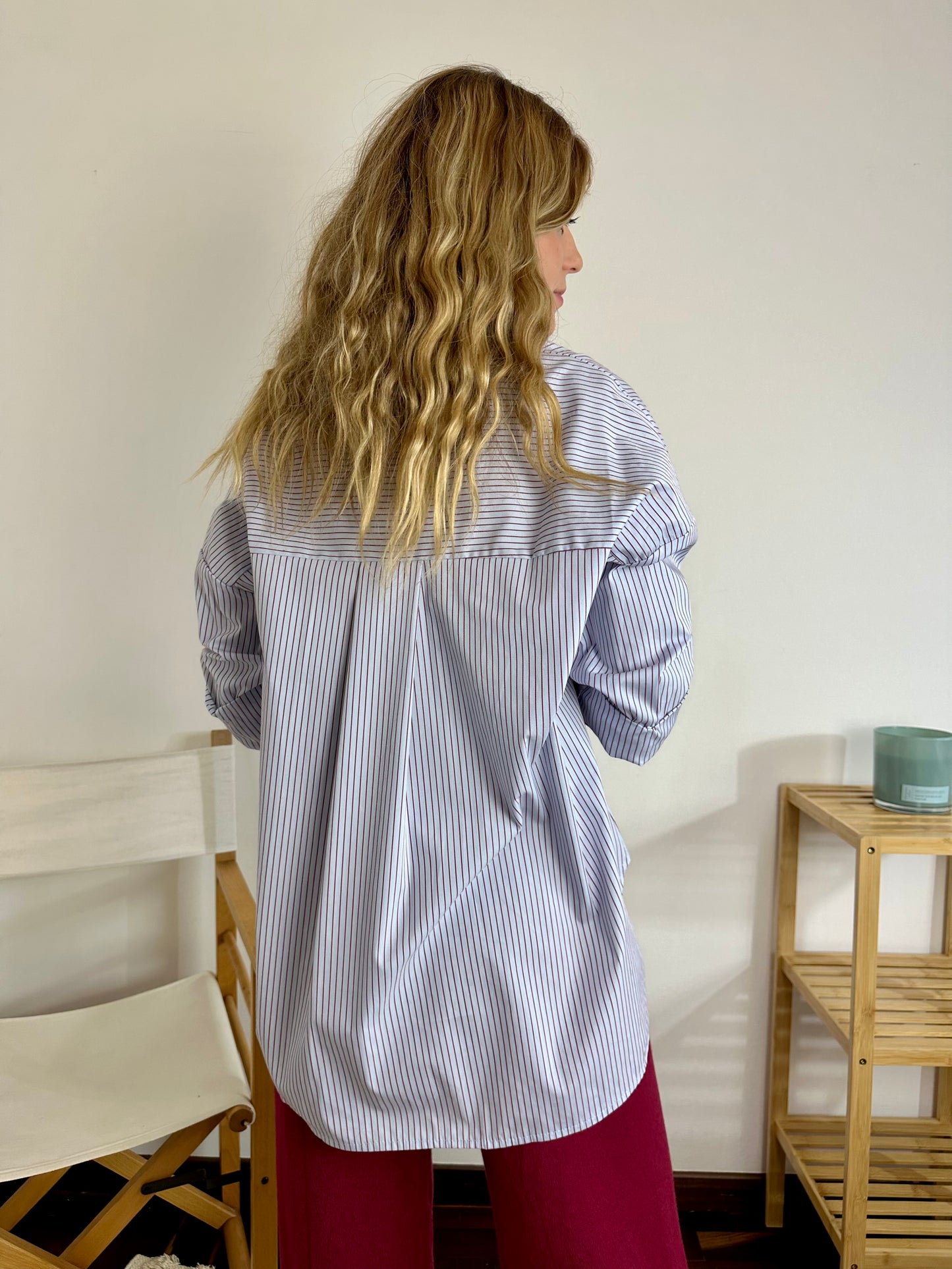 CAMICIA COTONE AZZURRA CON RIGHE BORDEAUX