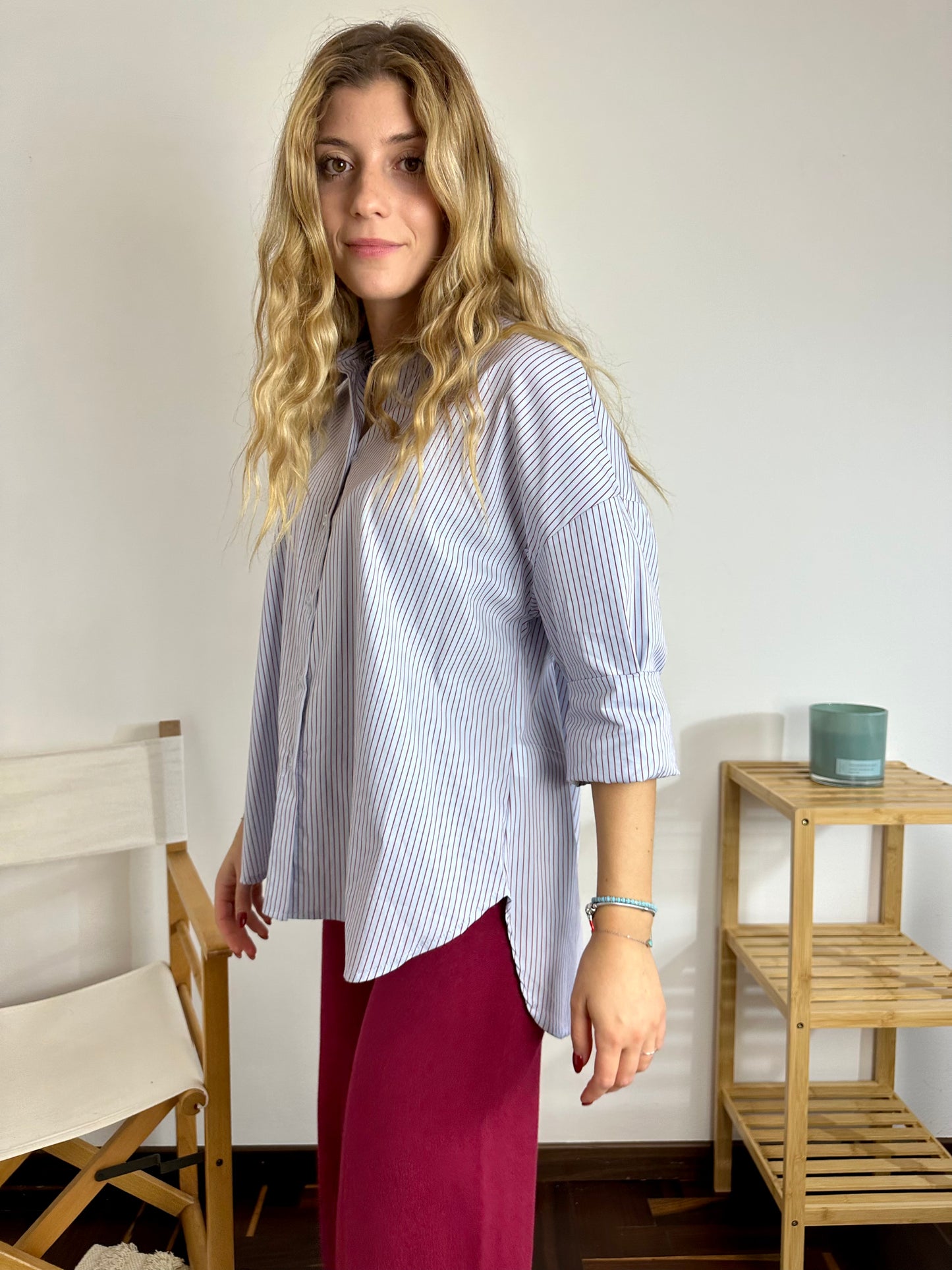 CAMICIA COTONE AZZURRA CON RIGHE BORDEAUX