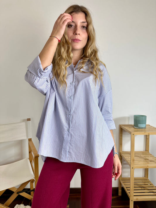 CAMICIA COTONE AZZURRA CON RIGHE BORDEAUX