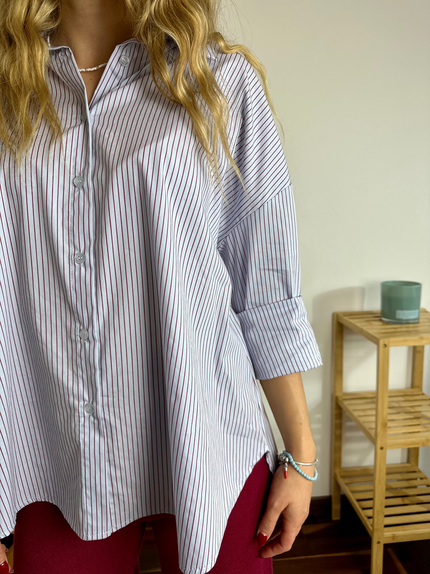 CAMICIA COTONE AZZURRA CON RIGHE BORDEAUX