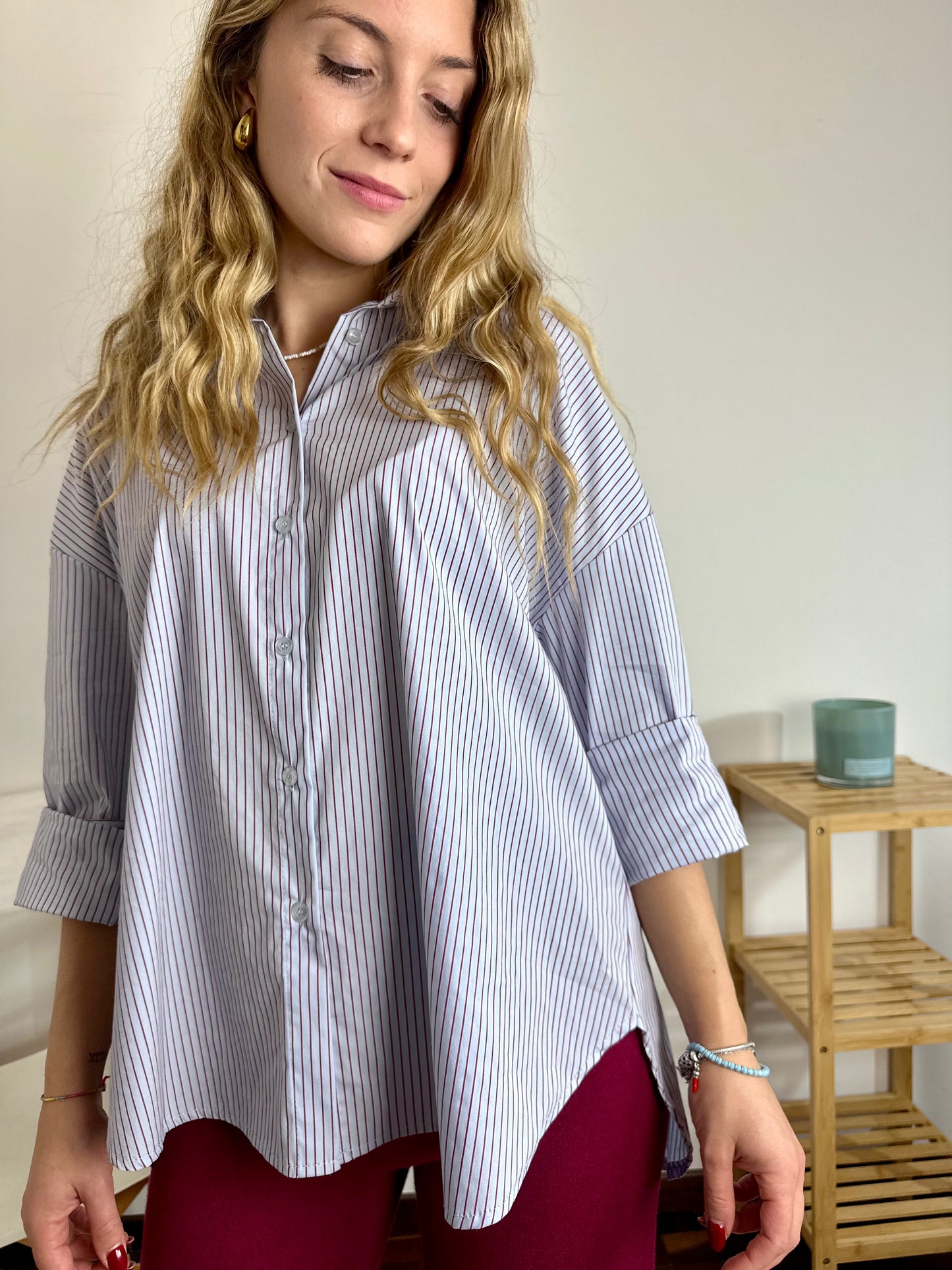 CAMICIA COTONE AZZURRA CON RIGHE BORDEAUX