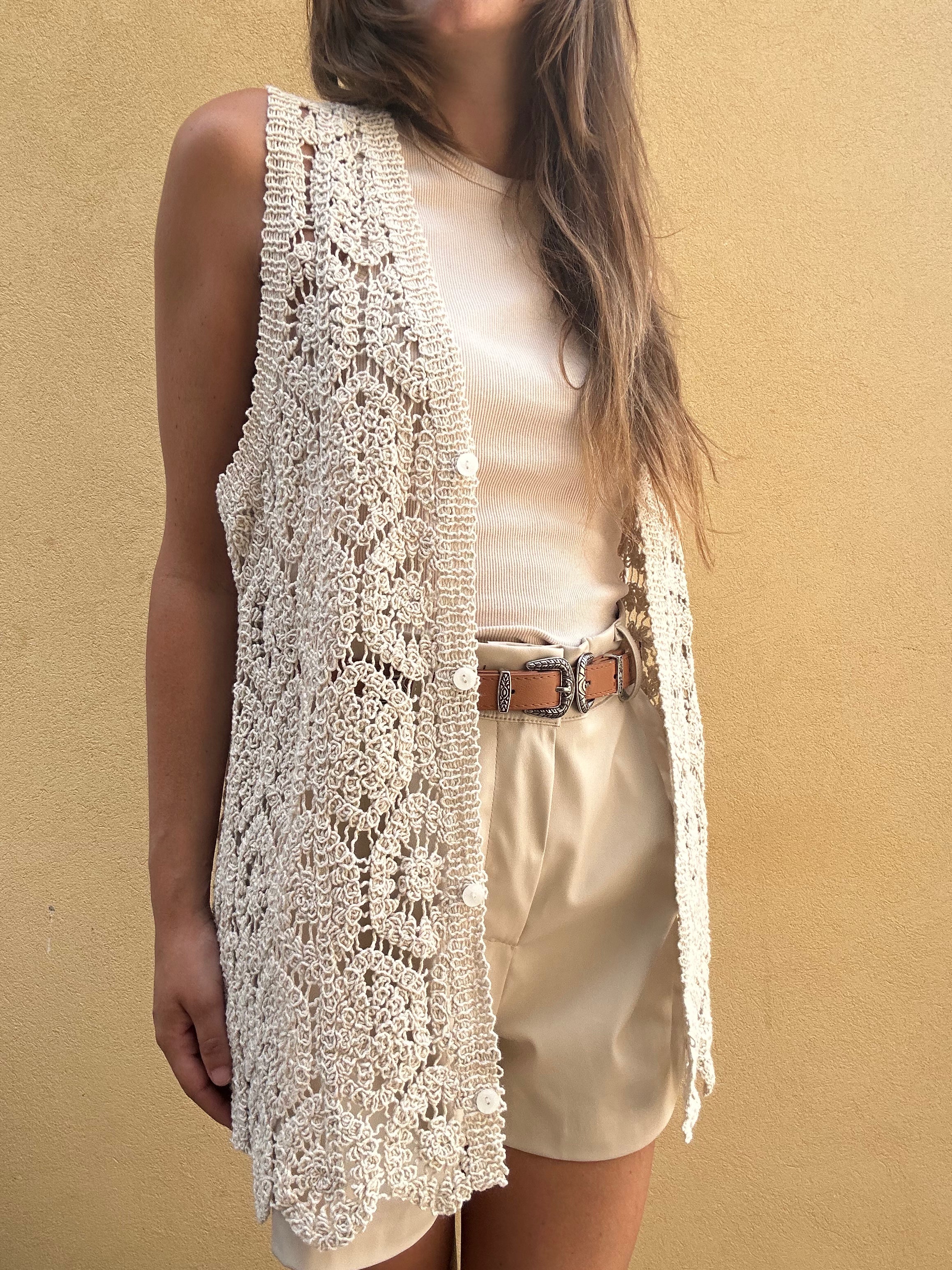 GILET CROCHET LUNGO BEIGE