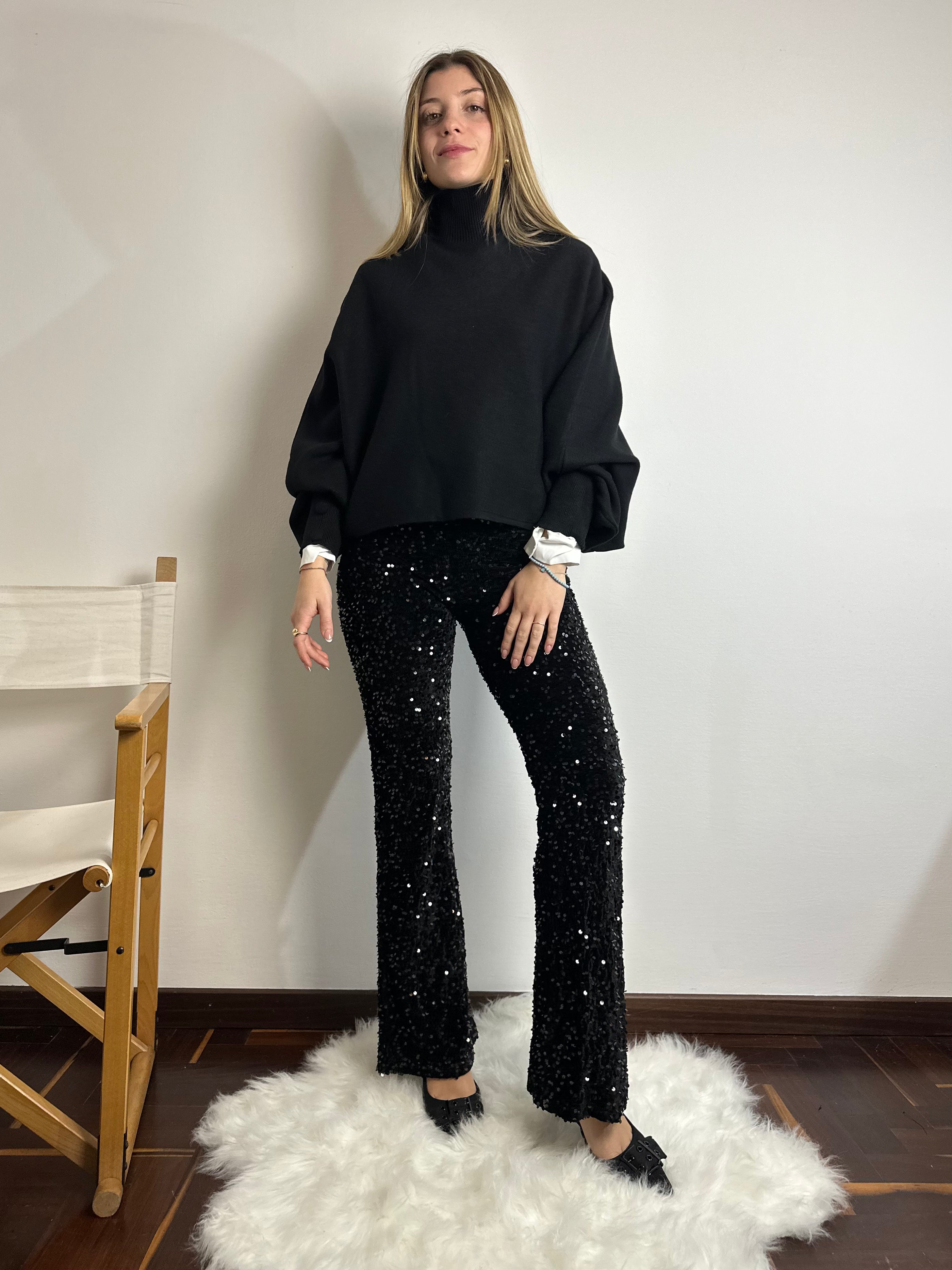 PANTALONE VELLUTO PAILLETTES NERO