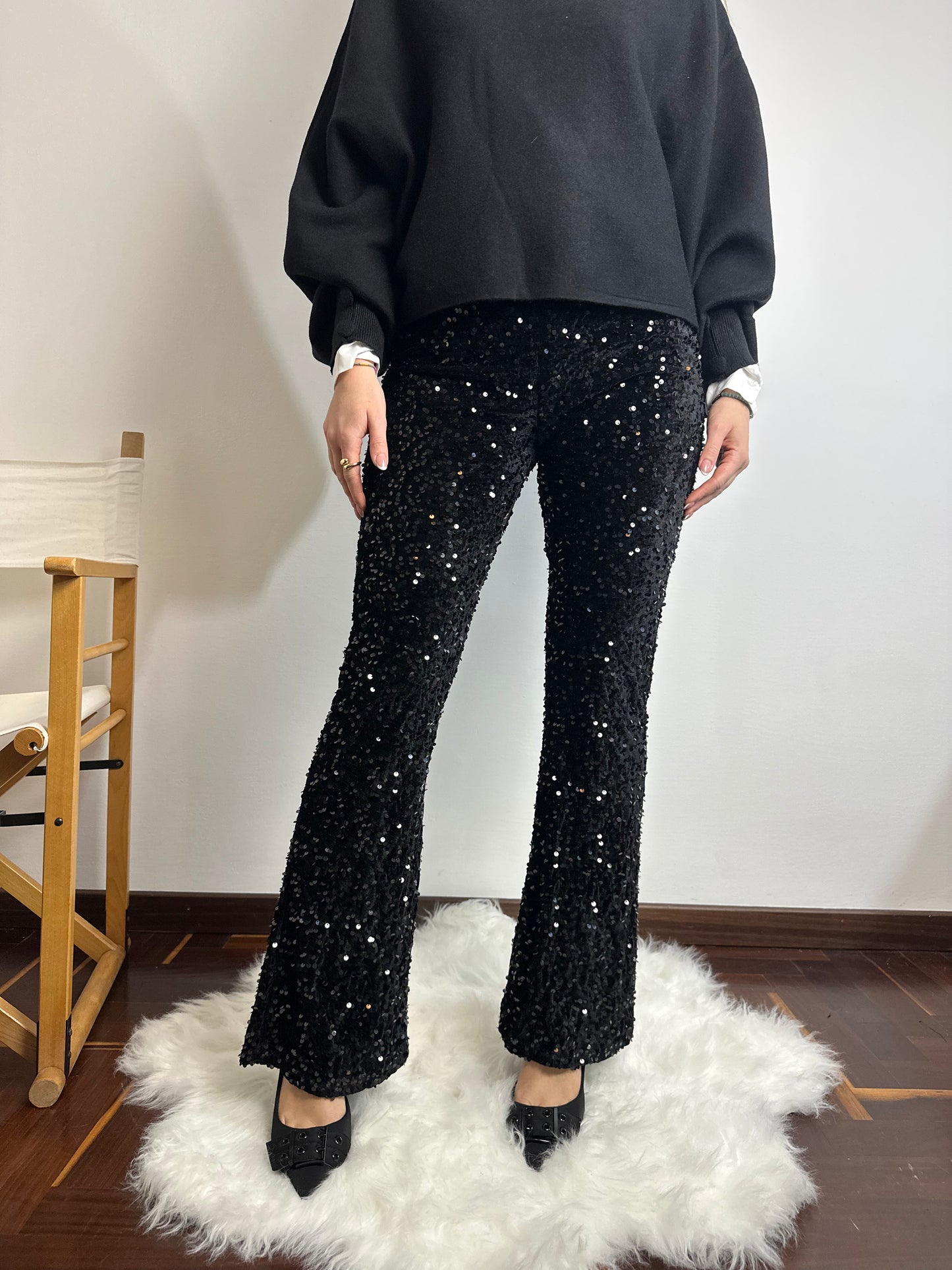 PANTALONE VELLUTO PAILLETTES NERO